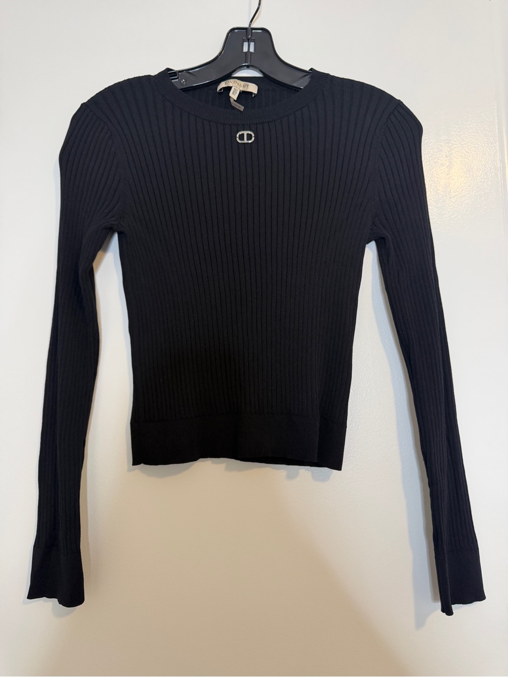 Twin-Set Black Ribbed Long-Sleeve Sweater Top with Silver Logo